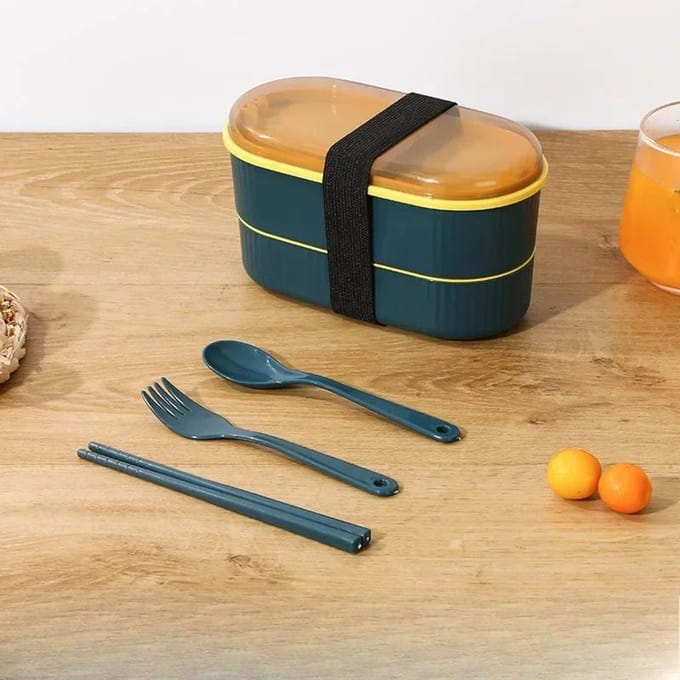 Dubbellaagse Draagbare Lunchbox met Vork en Lepel Magnetron Bento Boxen Servies Set Voedselbewaarcontainer black