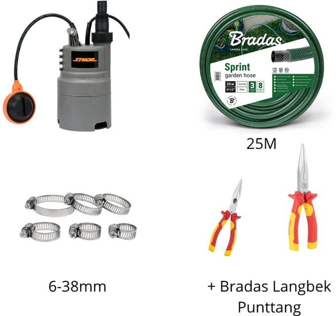 Dompelpomp Vuil Water 400W Set – Sthor + Bradas SPRINT 1" (25 m) + RVS Slangklemmen + VDE Punttang
