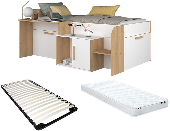 Vente-unique Combinatiebed hout natuurlijk licht 90 x 200 cm