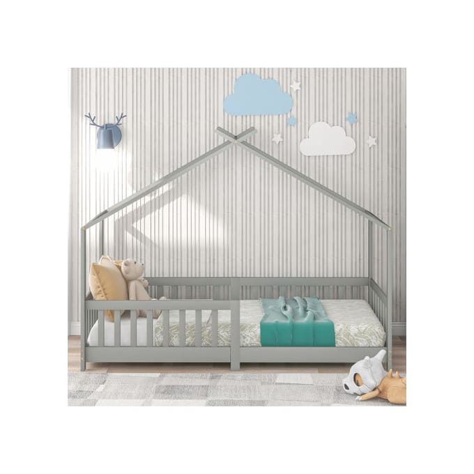 Lit d'enfant - MUVOE - 200x90cm - Bois massif - Gris - Barrière de sécurité gris