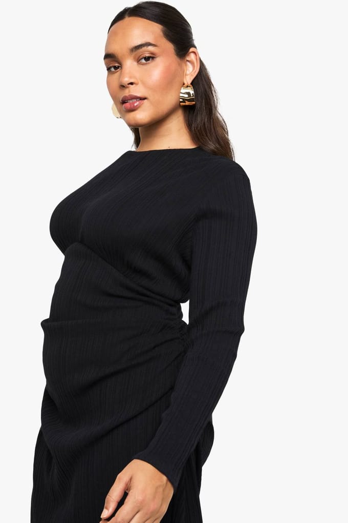 boohoo Dames Plus katoen rib ruched mini-jurk | Zwart | Maat: 54