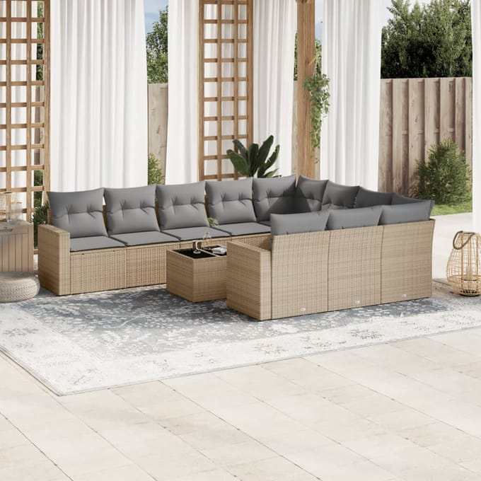vidaXL - 11-delige - Tuinset - met - kussens - poly - rattan - beige