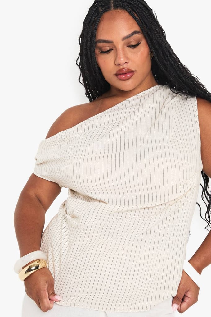 boohoo Dames Plus One Schouder Linnen Gestreepte Top | Steen | Maat: 56