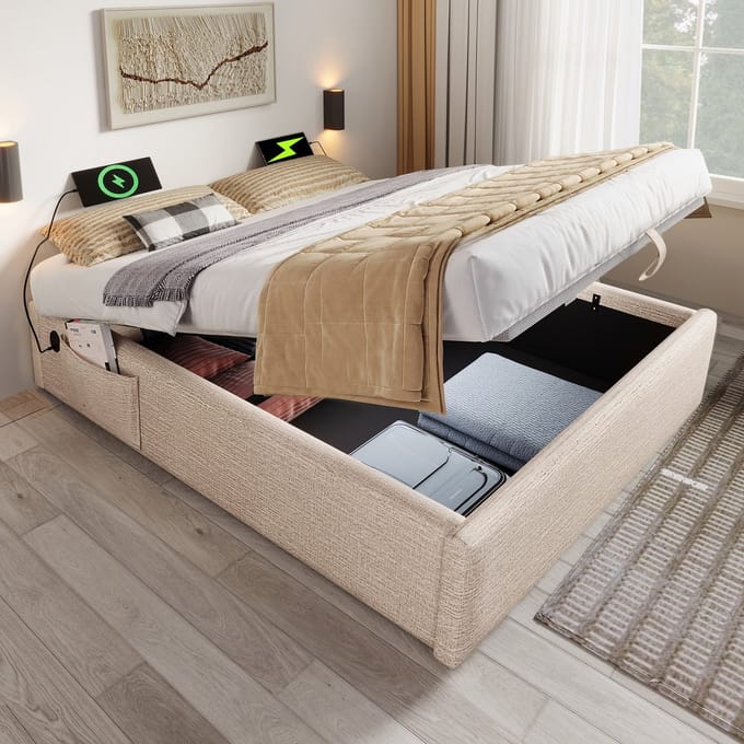 MODFU Bedframe 140x200 cm – Linnen beige/naturel – Met hydraulische opbergruimte & USB/Type-C – Zonder hoofdbord