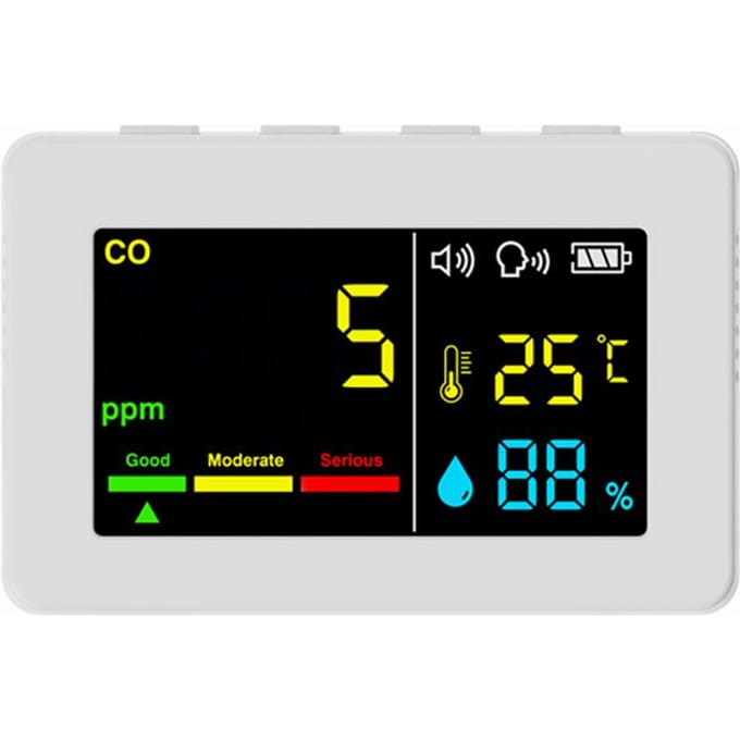 Mètre de qualité de l'air portable 3en1 Testeur de CO Température et Humidité Écran Couleur Monoxyde de Carbone blanc