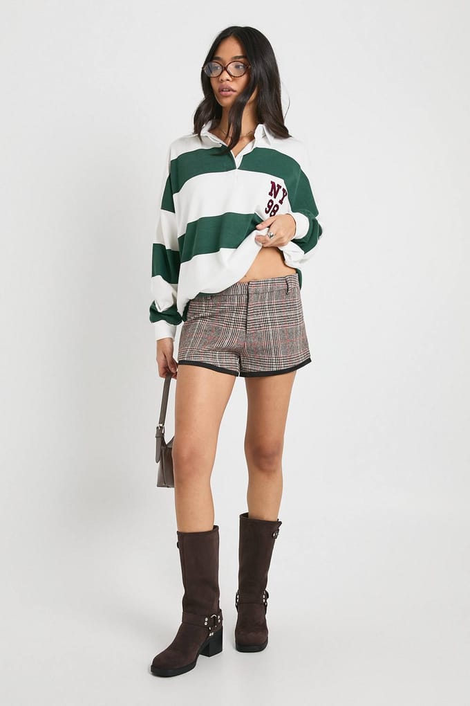 boohoo Dames Wool Look Check Micro Short | Chocoladebruin | Maat: 42