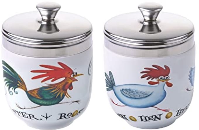 Set van 2 Porseleinen Eier-Coddlers - Chasing Chickens Design - Keuken Gadgets voor Eieren