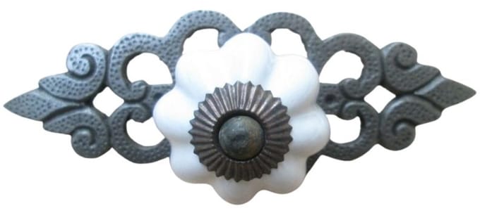 White Ceramic Cabinet Knob with Antique Iron Back Plate