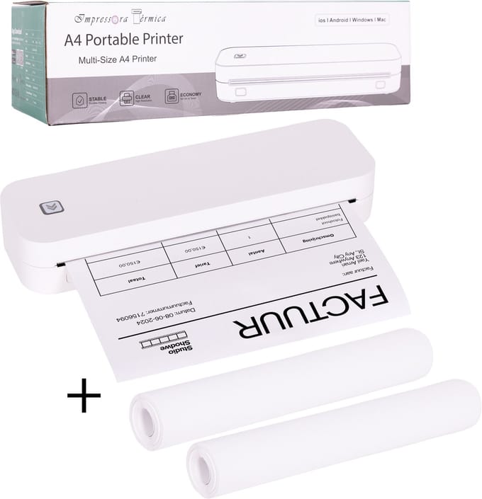 Impressora Térmica® - Draadloze thermische printer - Mini Printer voor Mobiel/Tablet/Laptop - 304 DPI - Pocket Printer - USB/USB-C - Tattoo printer - Inclusief twee rollen thermisch papier - Wit