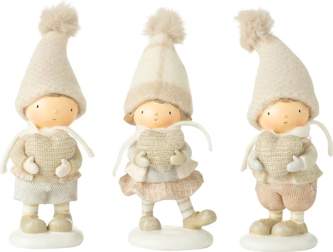 J-Line figuur Jongen + Meisje Winter Hart - polyresin - 3 stuks
