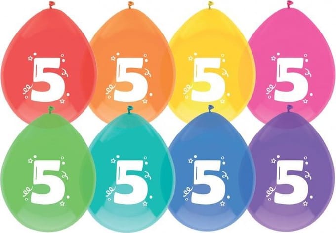 Ballonnen multicolor met opdruk "5" 30 cm 8 stuks