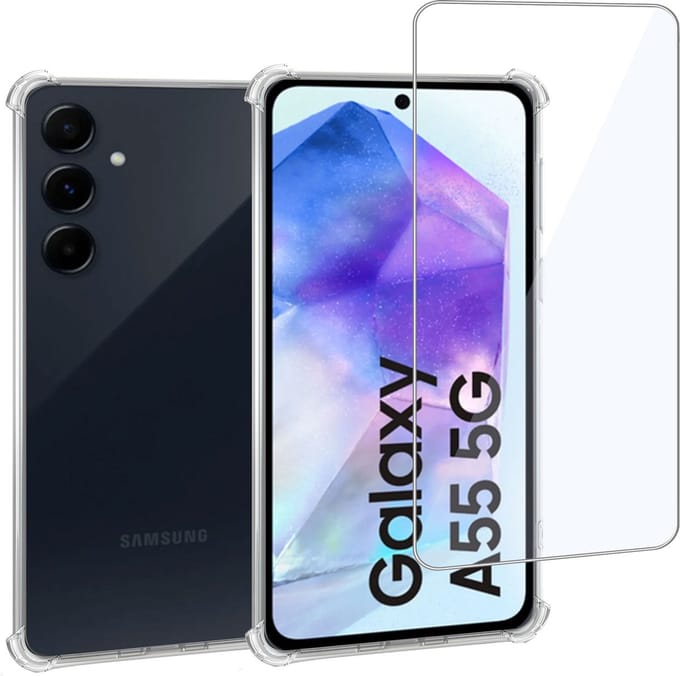 Geschikt voor Samsung Galaxy A55 - Hoesje + Screenprotector – Gehard Glas Cover + Shock Proof Case - Transparant