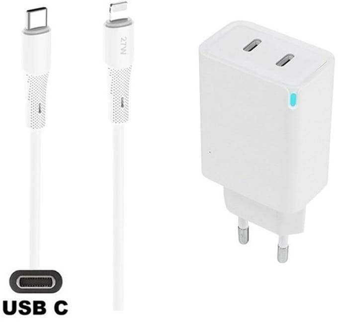 45W super snellader met 2 poorten USB C - USB C + 1,0m USB C naar Lightning kabel. Universele PD PPS lader. Oplader adapter past op Apple iPhone 8 t/m iPhone 14