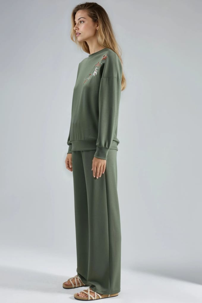 Geborduurd Rundhals Sweatshirt & Rechte Pantalon Twee-delig Set