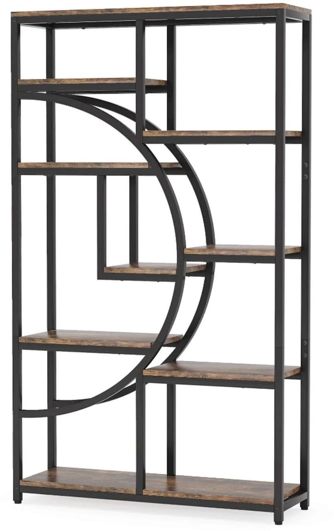 Boekenkast Half Moon – Open Wandkast met 9 Planken – Industrieel Design Zwart/Rustiek Bruin