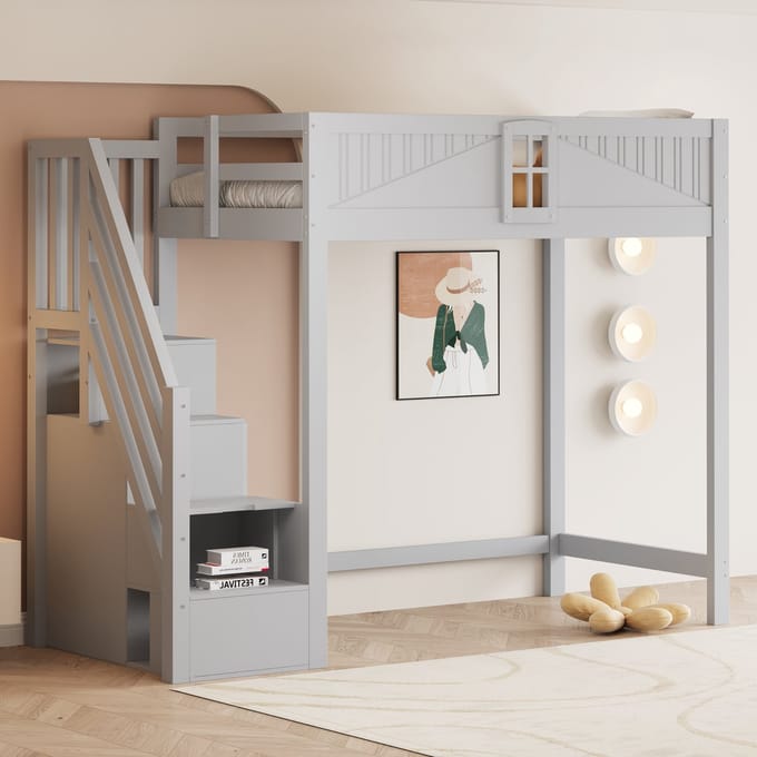 MODFU Hoogslaper 90x200 cm van massief hout – met veiligheidsdeur en uitwisselbare ladder – grijs – uniek design