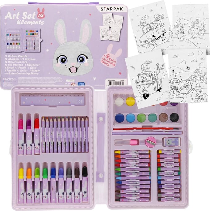 Konijn Kunstset, kunstkoffer, schoolbenodigdheden 68 stukken