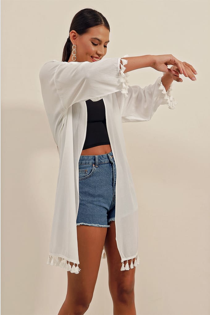 Midi Strand Kimono met Pompom Detail