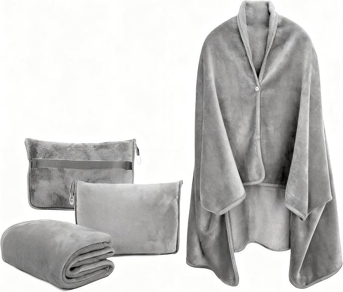 3-in-1 Multi-functionele Reisdeken Poncho & Kruik Grijs - Ideaal voor Auto, Camping en Vliegtuig