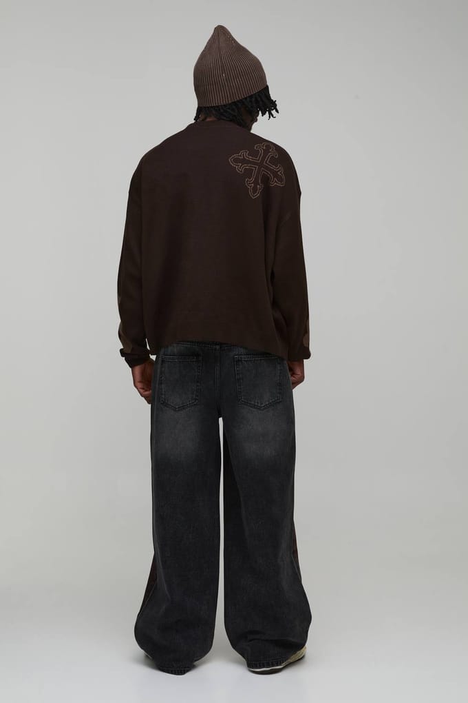 Lange Baggy Stijve Bleach Washed Denim Jeans | Dark Brown | Size 32