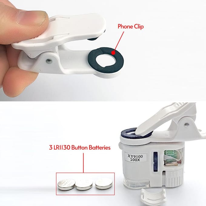 Universele Clip Type Microscoop 100x Vergrootglas met Telefoonclip Ingebouwde LED Licht UV Valuta wit