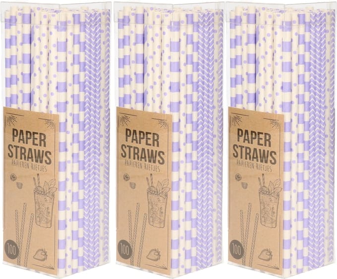 Excellent Houseware Papieren drinkrietjes - 300x - lila/paars- 20 cm