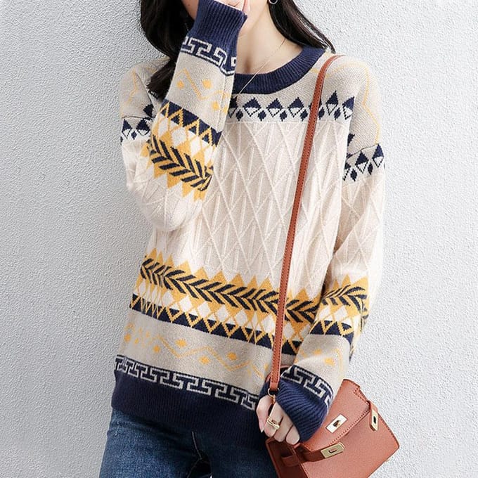 Pull en tricot pour femme, haut ample à col rond, tendance, pull en treillis, automne et hiver S marron