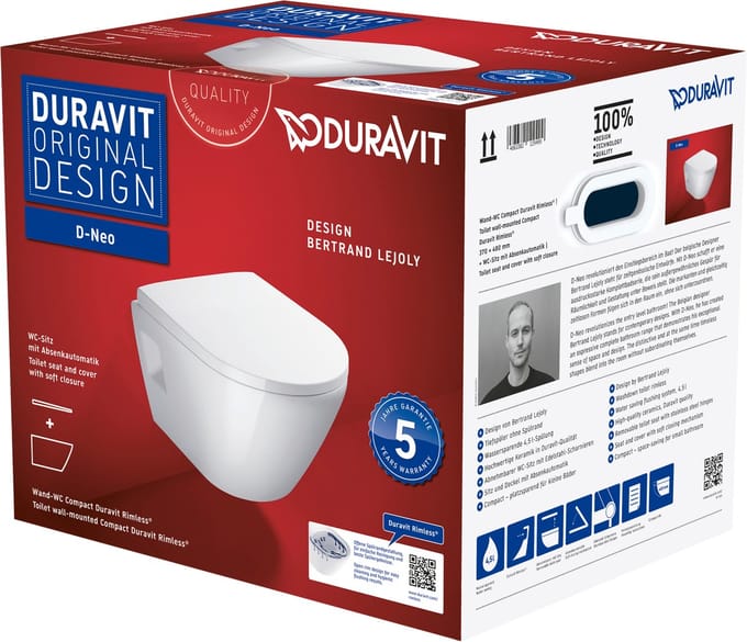 Duravit D-Neo Compact hangtoilet – Rimless – 37 x 48 cm – met softclose zitting – glans wit