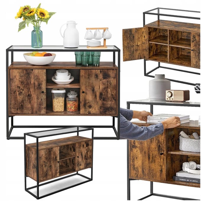 Songmics - Moderne Hal- en Salonconsole - Stalen Frame - Rustiek Bruine Elementen - Glazen Blad