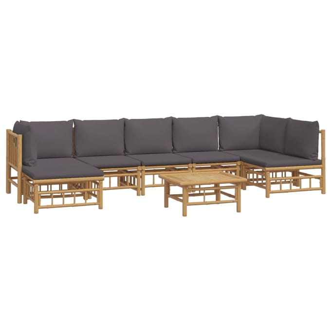 vidaXL - 8-delige - Loungeset - met - kussens - bamboe - donkergrijs