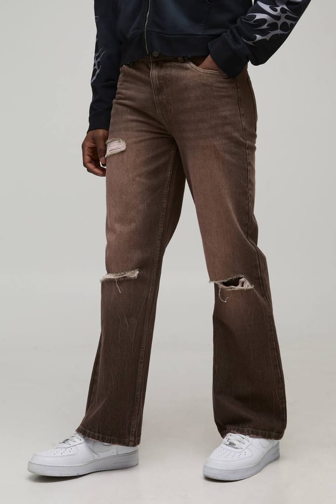 Rechte Wijduitlopende Knie Gescheurde Gewassen Denim Jeans | Brown | Size 30R