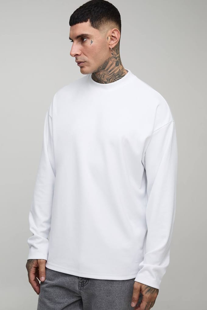 Lang, oversized, superzwaar premium T-shirt met lange mouwen | White | Size Medium