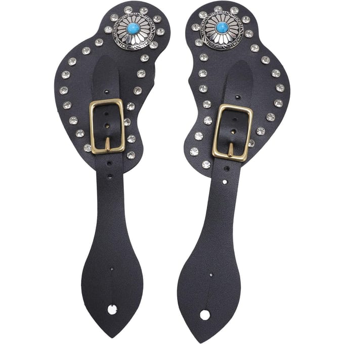 2 Stuks Spoorriem Set Kunstleer Strass Decoraties Verstelbare Spoorhouder voor Cowboys zwart