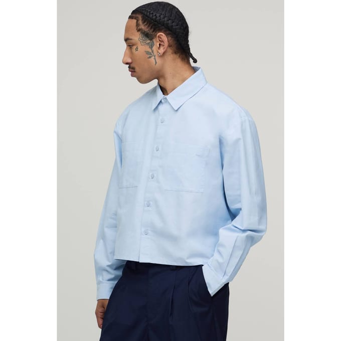 Boxy Fit Cropped Lange Mouw Oxford Shirt | Light Blue | Size Medium