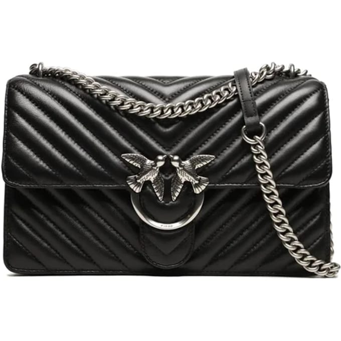 PINKO Schoudertas Love One Classic DC Sheep Nappa Chevron Black - Old Silver Zwart