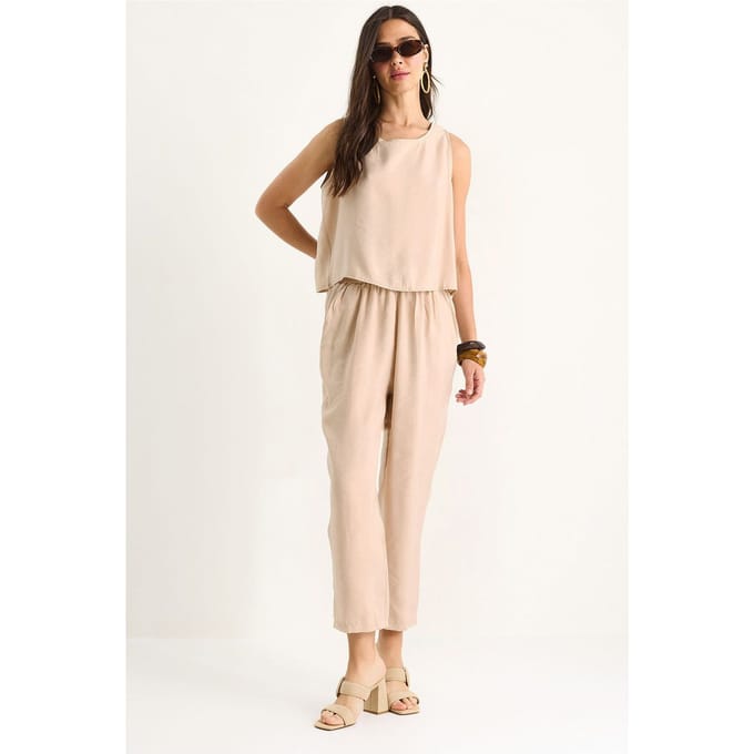 Mouwloze Crew Neck Blouse en Carrof Fıt Broek Set