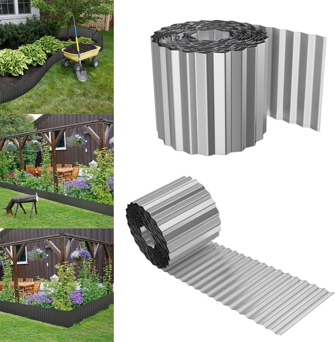 Froadp 5 stuks 5 m lengte 18 cm hoogte Flexibele gazonrand Bloembedafscheiding Golvend Tuinafscheiding Tuinrand van metaal Gegalvaniseerd Bloembedomranding voor gazon Maaikant Bloembed Zilver