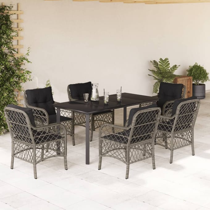 vidaXL - 7-delige - Tuinset - met - kussens - poly - rattan - grijs