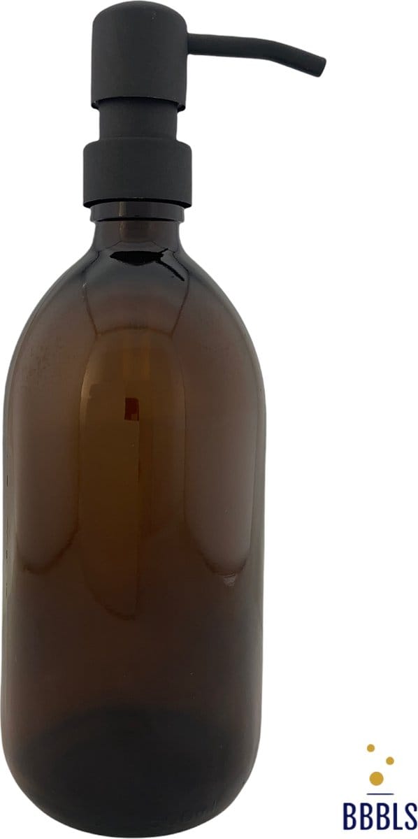 BBBLS® Design Dispenser "Blanco" | Bruin Glas | 500ml | RVS / Metaal Pomp Zwart | Zeeppomp | Zeepdispenser | Zeephouder