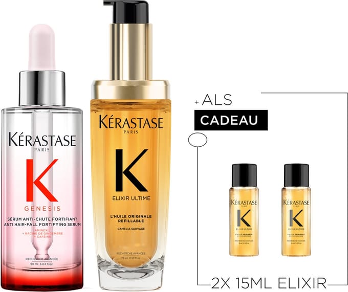 Kérastase Genesis-Elixir Duo + 2 Cadeau's - Genesis Haarserum 90ml & Elixir Ultime Haarolie 75ml met Arganolie + 2 Elixir Ultime 15ml Cadeau – Anti haaruitval & Glans