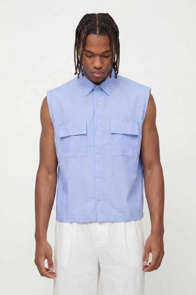 Oversized Boxy Gestreept Mouwloos Shirt | Blue | Size Medium