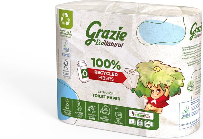 Grazie Natural Eco Toilet Paper - 112 Rolls - 3-Layer Recycled Karton - Soft - Sustainable - Strong Absorption