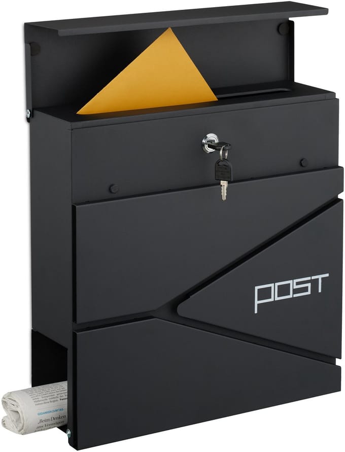 Brievenbus met slot - 38 x 37 x 12 cm - krantenvak - metaal - zwart