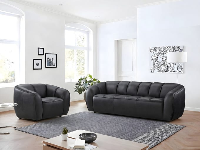 Vente-unique Driezitsbank en fauteuil in zwart leer PRADONI