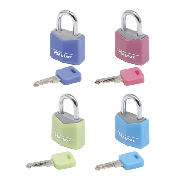 4 x 20mm | 11mm steel shackle | 3mm diam. | 3-pin cylinder | keyed alik | 4 kleuren