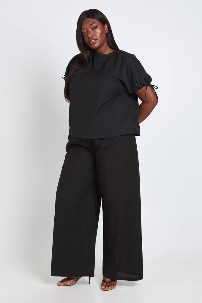 boohoo Dames Plus Linnen Broek Met Elastische Taille En Wijde Pijpen | Zwart | Maat: 44
