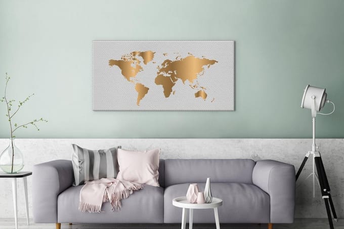Wereldkaart Goud Golven canvas | Wereldkaart Canvas Schilderij 100x50 cm