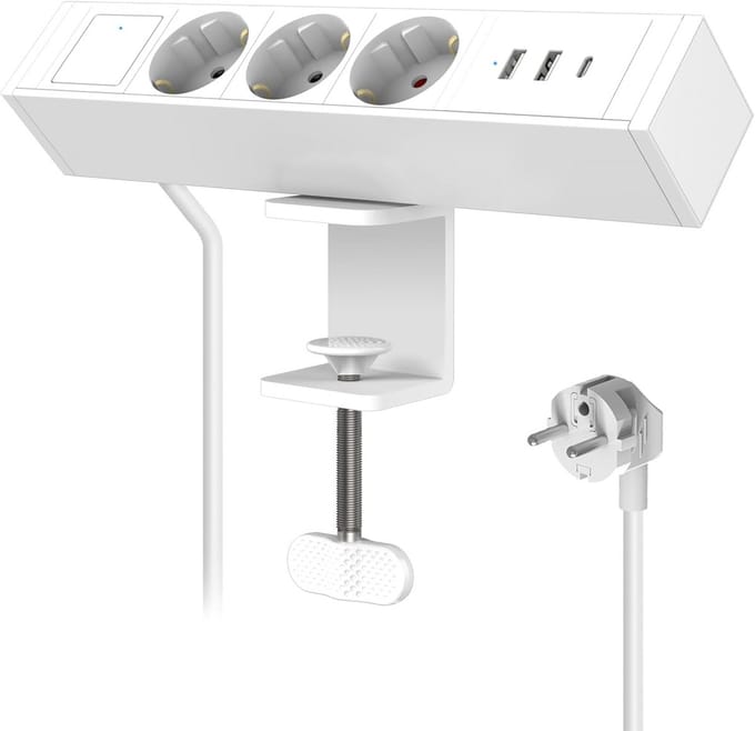 Bureau Stopcontact - Stekkerstrip Klem - Thuiswerken Organiseren - Met USB C - 1.8m Kabel - Wit