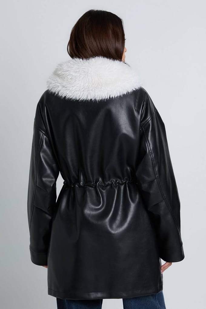 boohoo Dames PU-jas met bontkraag | Black | Maat: 10