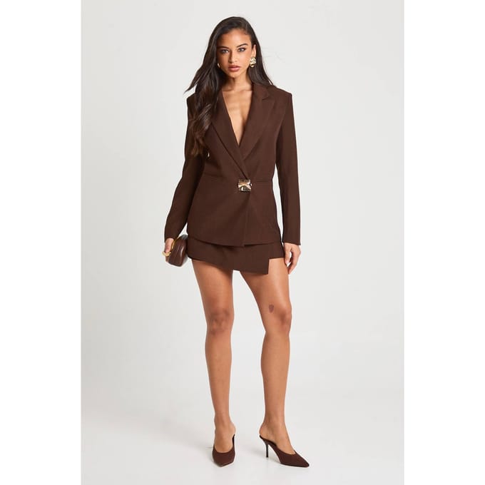 boohoo Dames Gouden trim oversized op maat gemaakte blazer | Chocoladebruin | Maat: 36